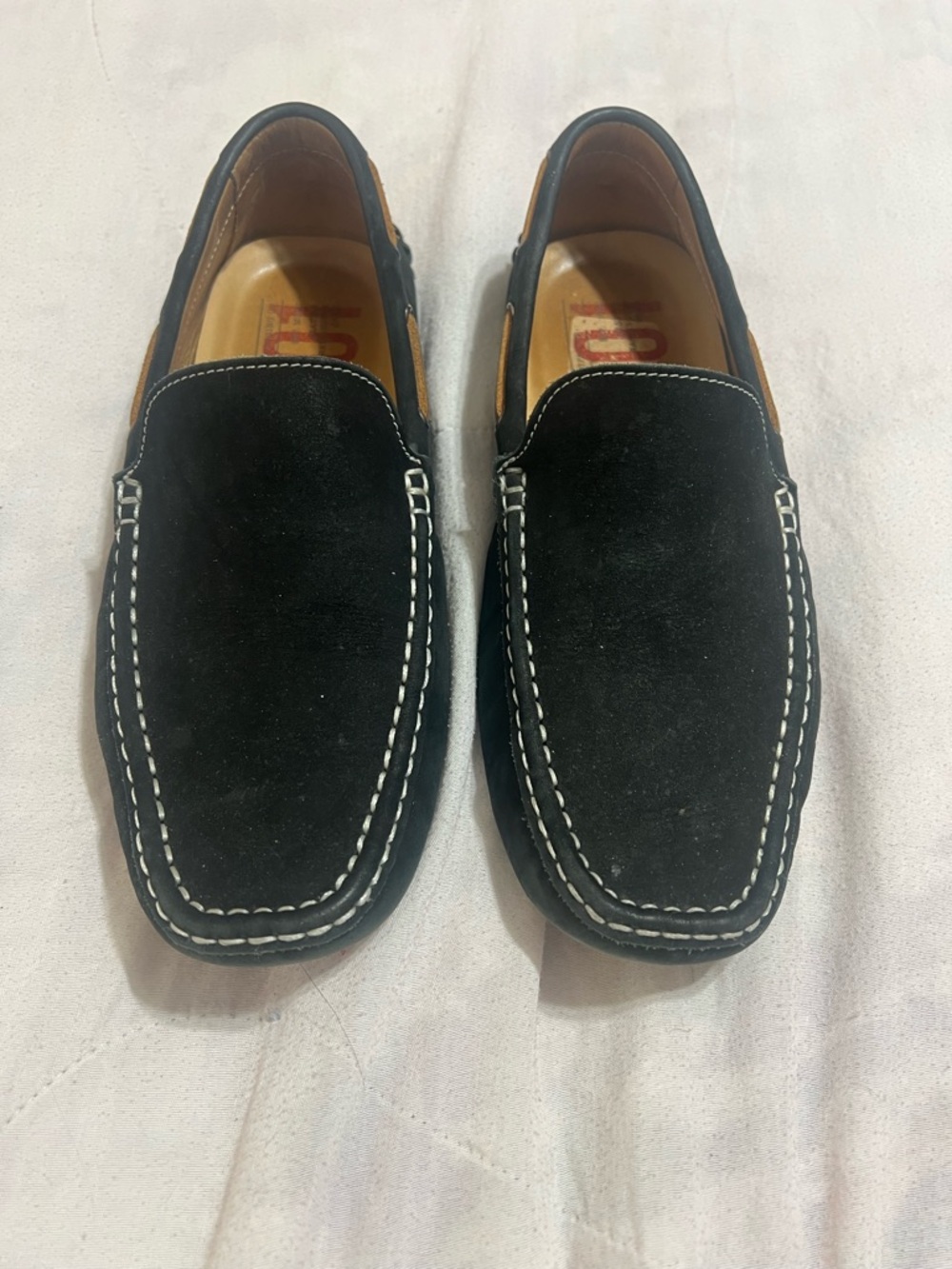 1901 Black Suede Slip-On Loafers with White Stitching